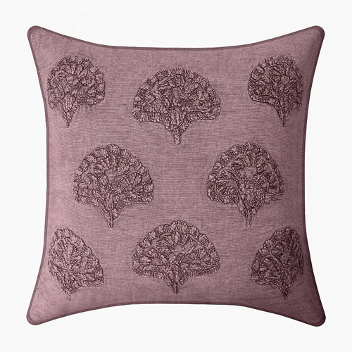 Square decorative pillow with a plum-colored background featuring an embroidered tree pattern.