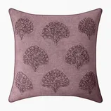 Square decorative pillow with a plum-colored background featuring an embroidered tree pattern.