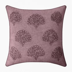 Square decorative pillow with a plum-colored background featuring an embroidered tree pattern.