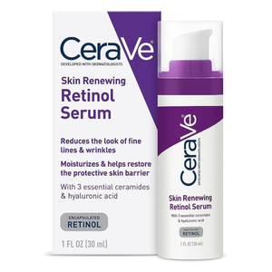 CeraVe Skin Renewing Retinol Serum, 1 fl oz (30 ml), claims to reduce fine lines and wrinkles, moisturize, and restore the skin's protective barrier with encapsulated retinol, ceramides, and hyaluronic acid.