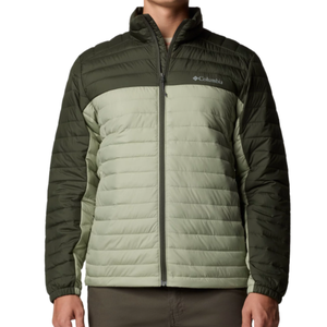 A Columbia two-tone puffer jacket with dark olive on top and light green below, featuring a front zip closure and elasticated cuffs.