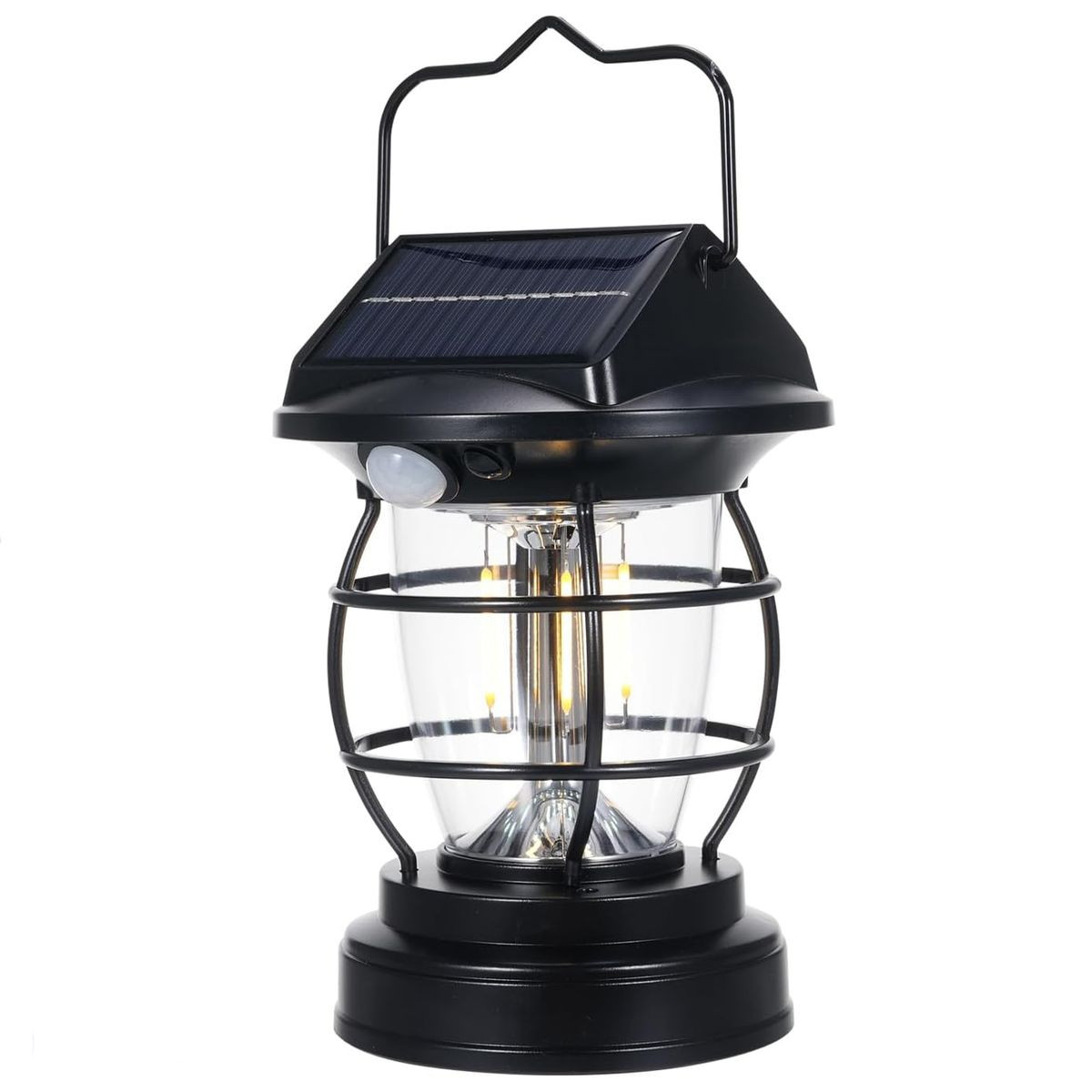 A black solar-powered lantern with a handle, featuring a cage design around the glass enclosure and a motion sensor beneath the solar panel on top.