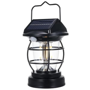 A black solar-powered lantern with a handle, featuring a cage design around the glass enclosure and a motion sensor beneath the solar panel on top.