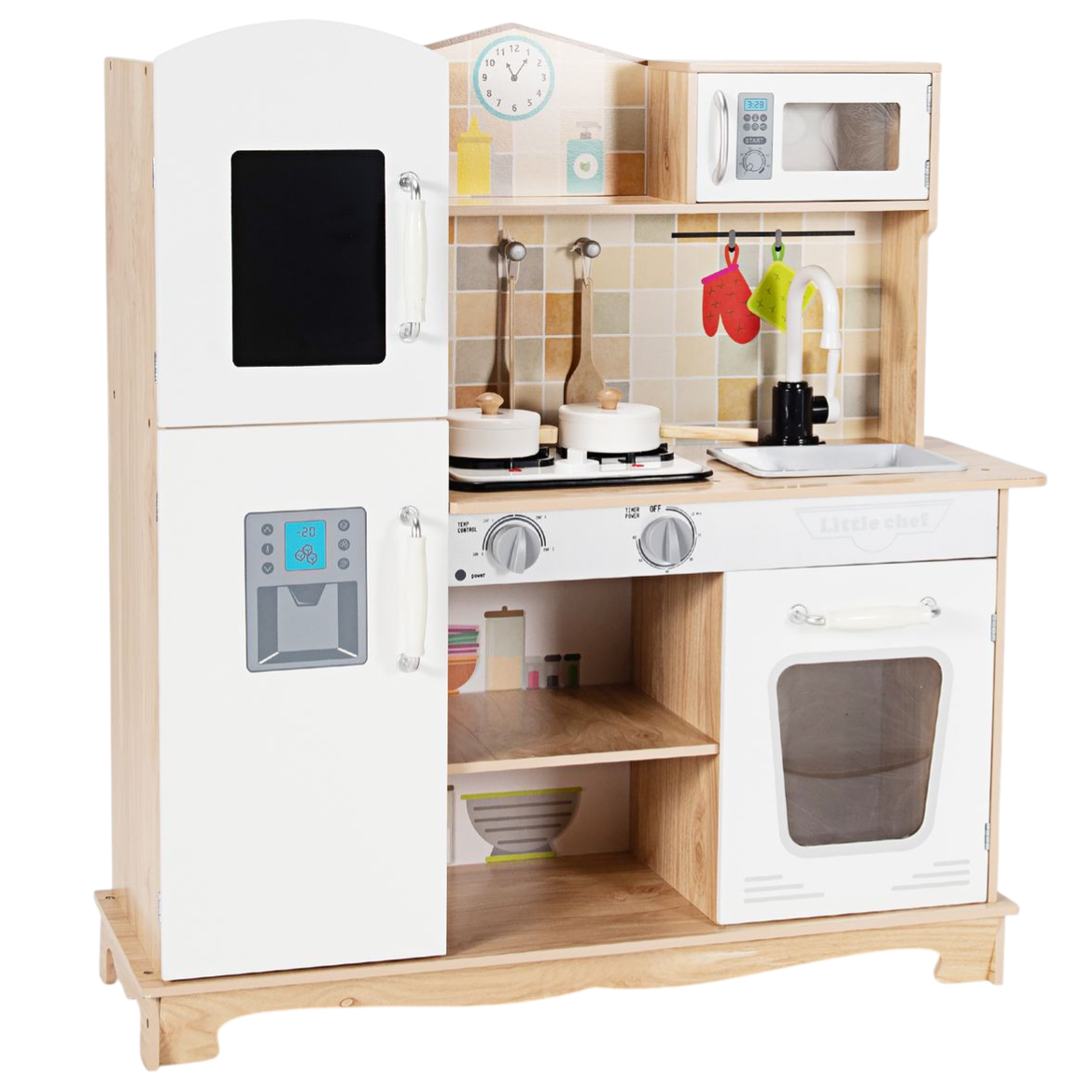 Wooden play kitchen set with fridge, stove, oven, microwave, sink, and storage shelves. Includes decorative utensils and a backsplash with a clock.