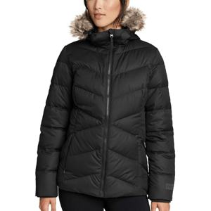 A black Eddie Bauer down hooded jacket featuring a quilted design, zipper closure, and a faux fur-lined hood. The jacket provides warmth and a stylish fit, ideal for cold weather.