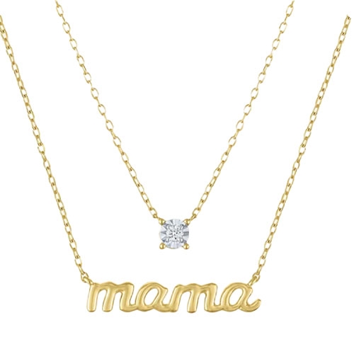 Gold-tone necklace set featuring two chains: one with a \“mama\“ script pendant and the other with a single round clear stone.