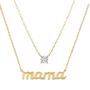 Gold-tone necklace set featuring two chains: one with a \“mama\“ script pendant and the other with a single round clear stone.