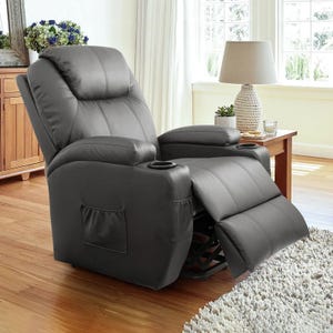 A gray recliner chair with an extended footrest, built-in cup holders, and a side storage pocket.
