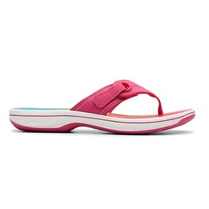 A pink flip-flop sandal with a white sole and a colorful insole, featuring a thong strap design.