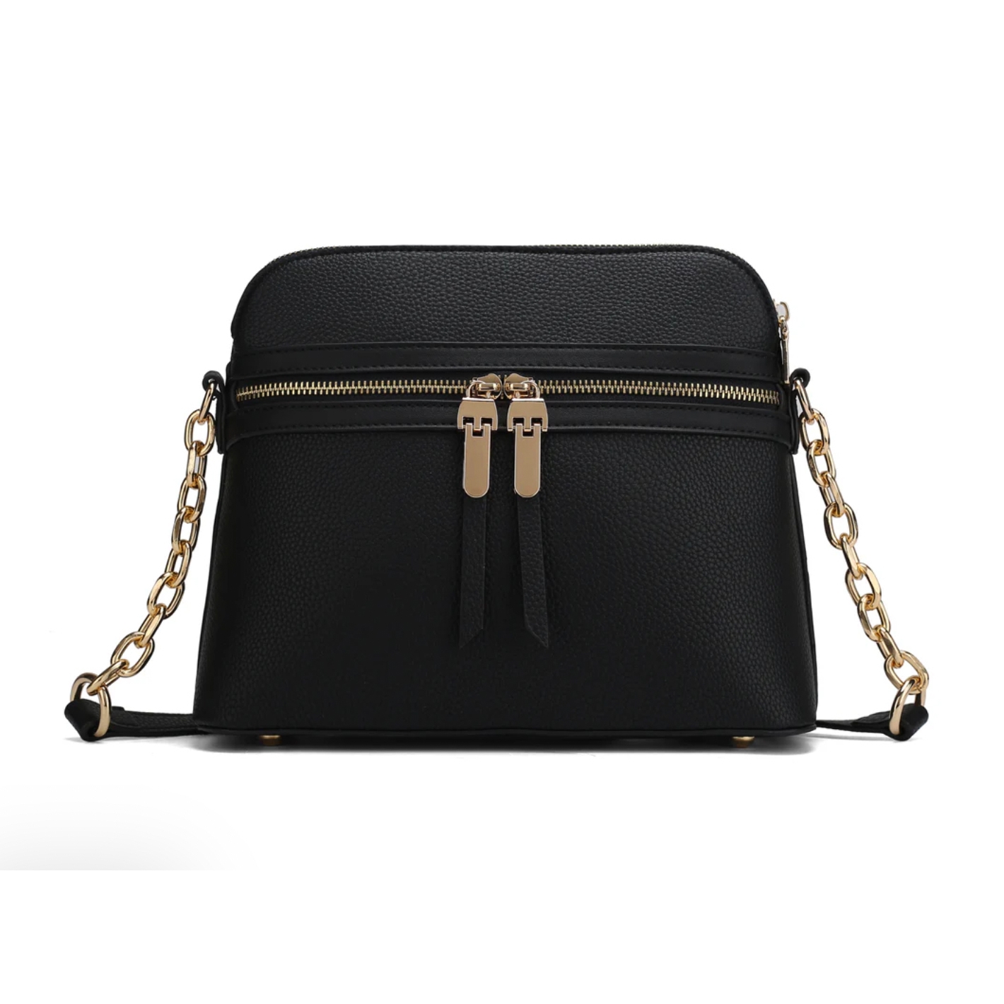 A black crossbody bag with a gold chain strap and gold zipper.