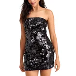 A strapless, black sequin mini dress with a fitted silhouette, featuring circular reflective sequins.