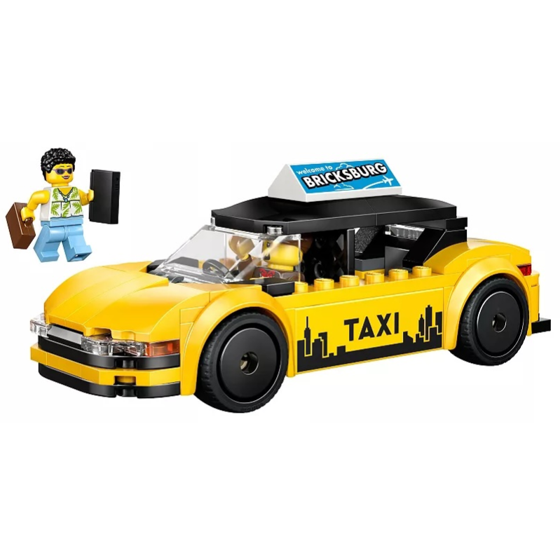 A LEGO yellow taxi set with a mini-figure holding a briefcase and a mobile phone, featuring a \“Bricksburg\“ sign on the roof.