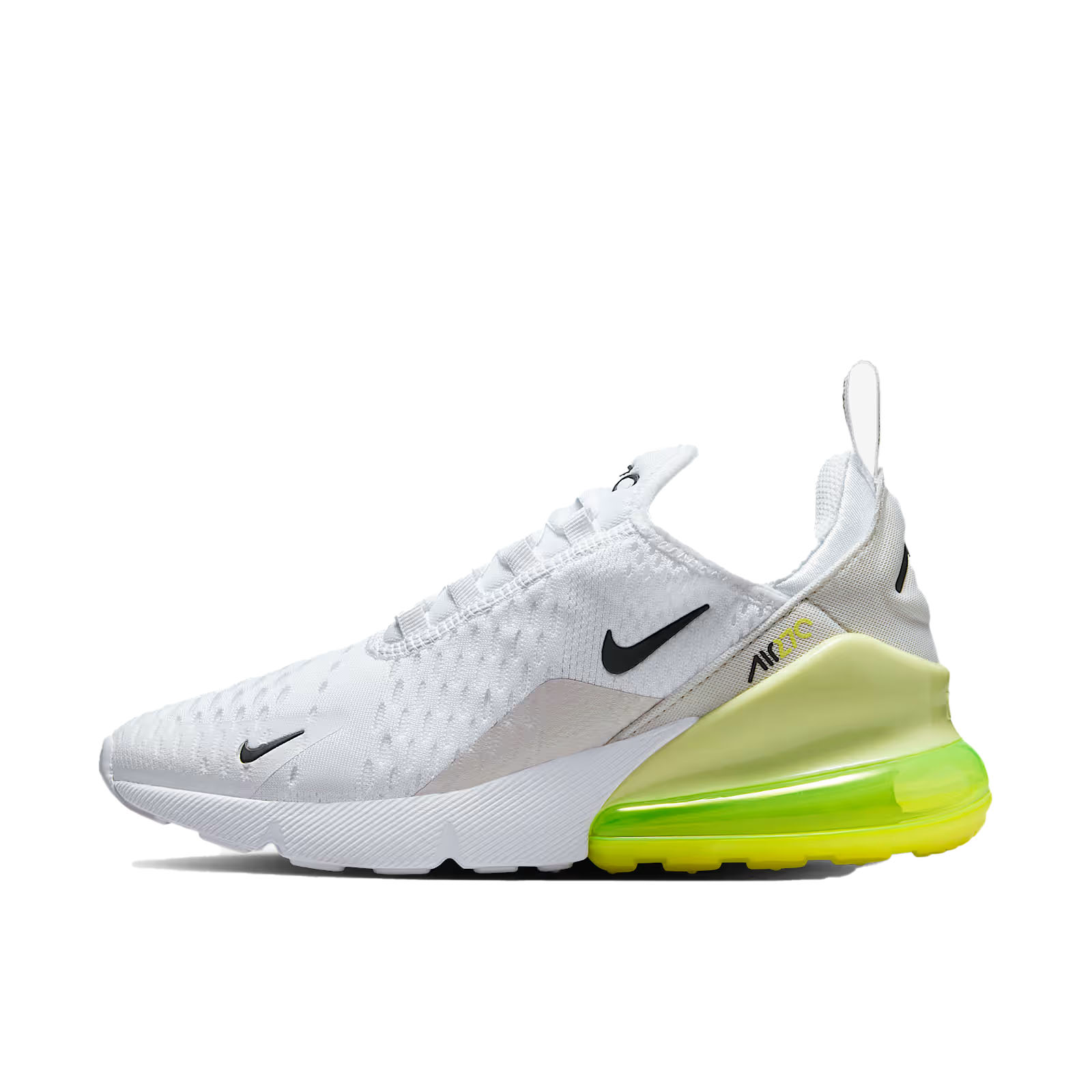 White Nike Air Max 270 shoe with a black logo, featuring a textured upper and a vibrant yellow-green air unit in the heel.