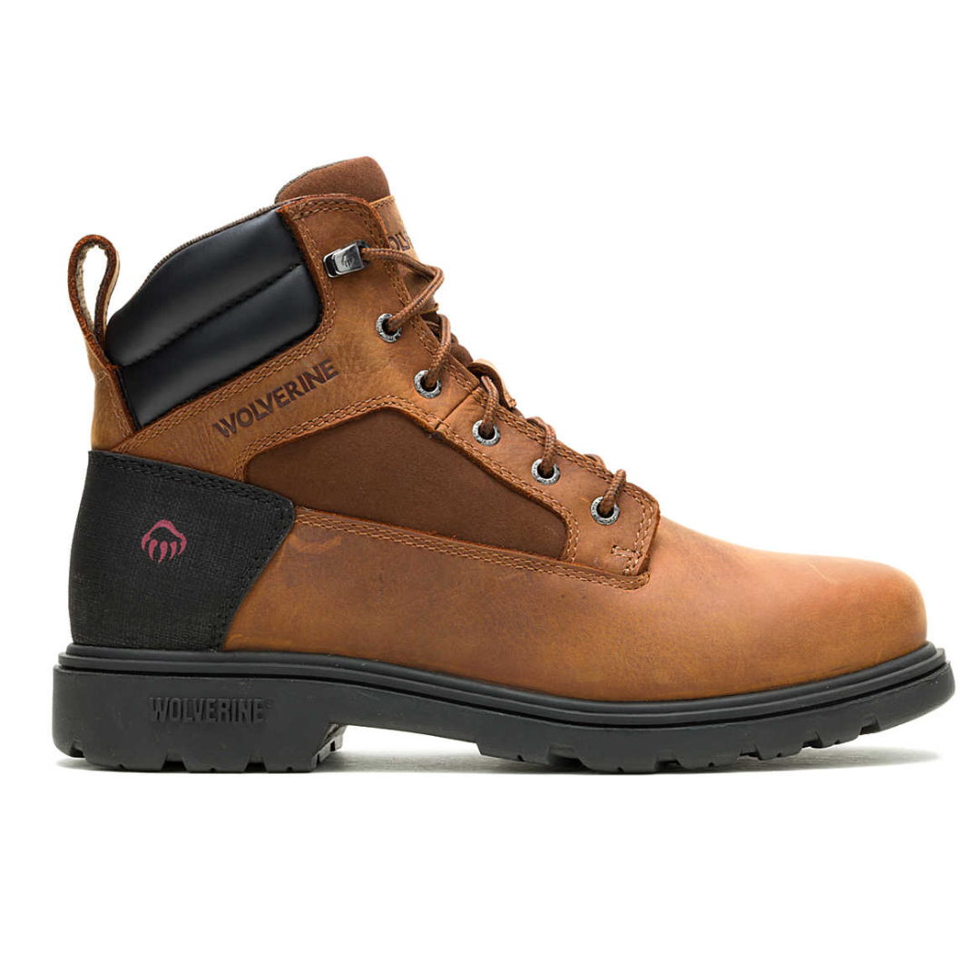 Wolverine Men's Boots feature brown leather uppers with black accents, metal eyelets for lacing, and a textured rubber sole. The boots are marked with the Wolverine brand and logo, offering a rugged and durable design.