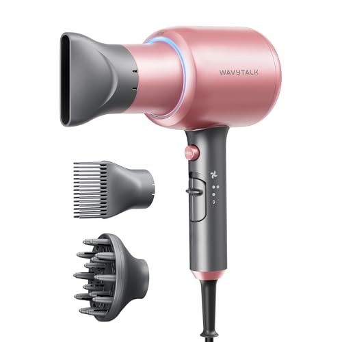 A pink and grey hair dryer with three attachments: a concentrator nozzle, a comb attachment, and a diffuser.