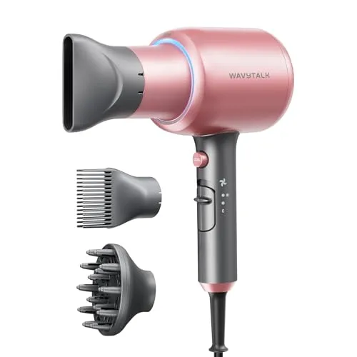 A pink and grey hair dryer with three attachments: a concentrator nozzle, a comb attachment, and a diffuser.