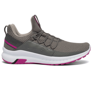 Saucony Stretch & Go Glide Shoes feature a gray knit upper with a pink accent, slip-on design, and white cushioned sole for comfort and convenience.
