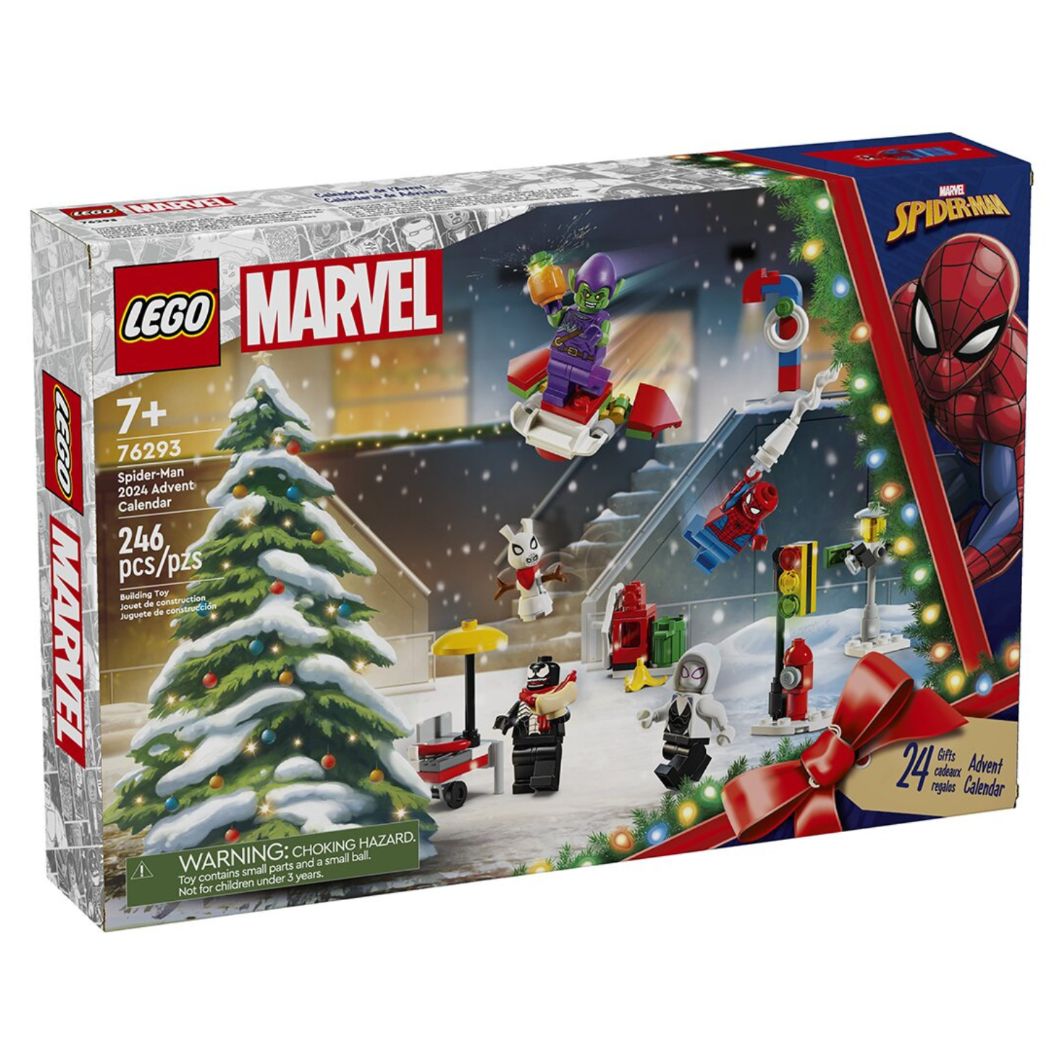 A LEGO Marvel Spider-Man Advent Calendar box with a festive winter scene, Spider-Man figure, and other superhero-themed LEGO pieces and minifigures. The set contains 246 pieces.