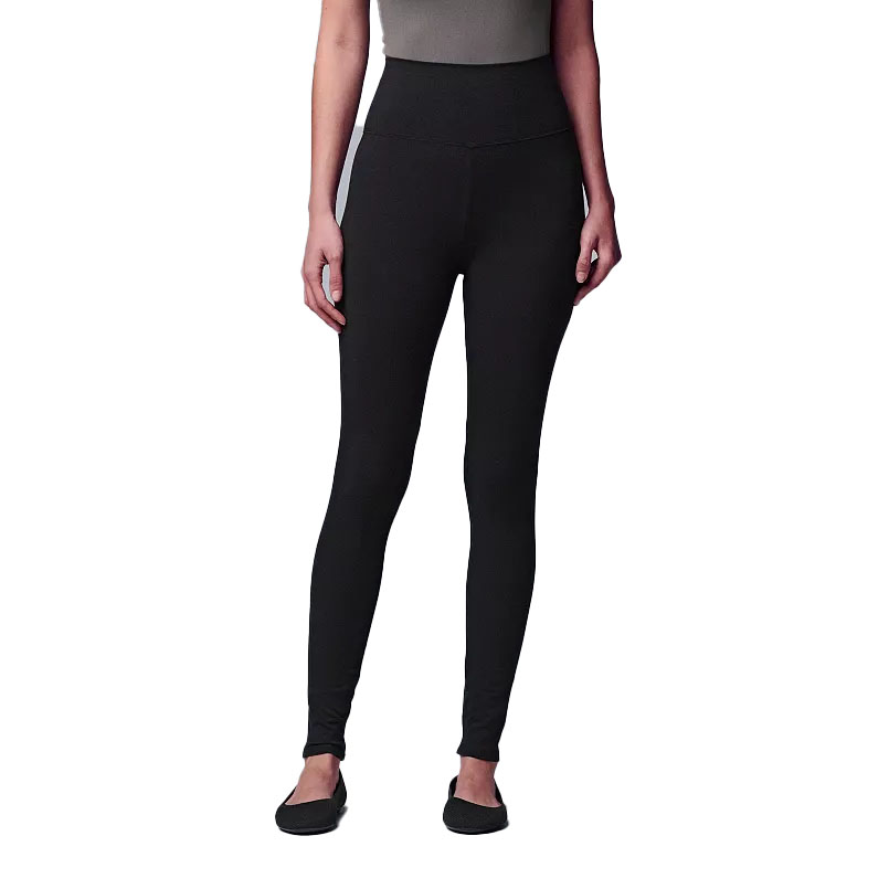 Black shaping leggings with a high waist design, featuring a side gray stripe detail. They are paired with black flats.