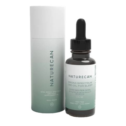 Naturecan Broad Spectrum CBD Oil for Sleep, 1000mg per 30ml, THC-free, 100% vegan, comes with a dropper and packaging.