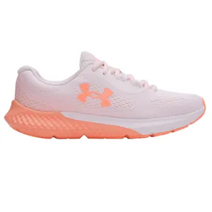 Under Armour running shoe featuring a white and peach color scheme with a mesh upper for breathability, a cushioned sole, and the brand's logo on the side.