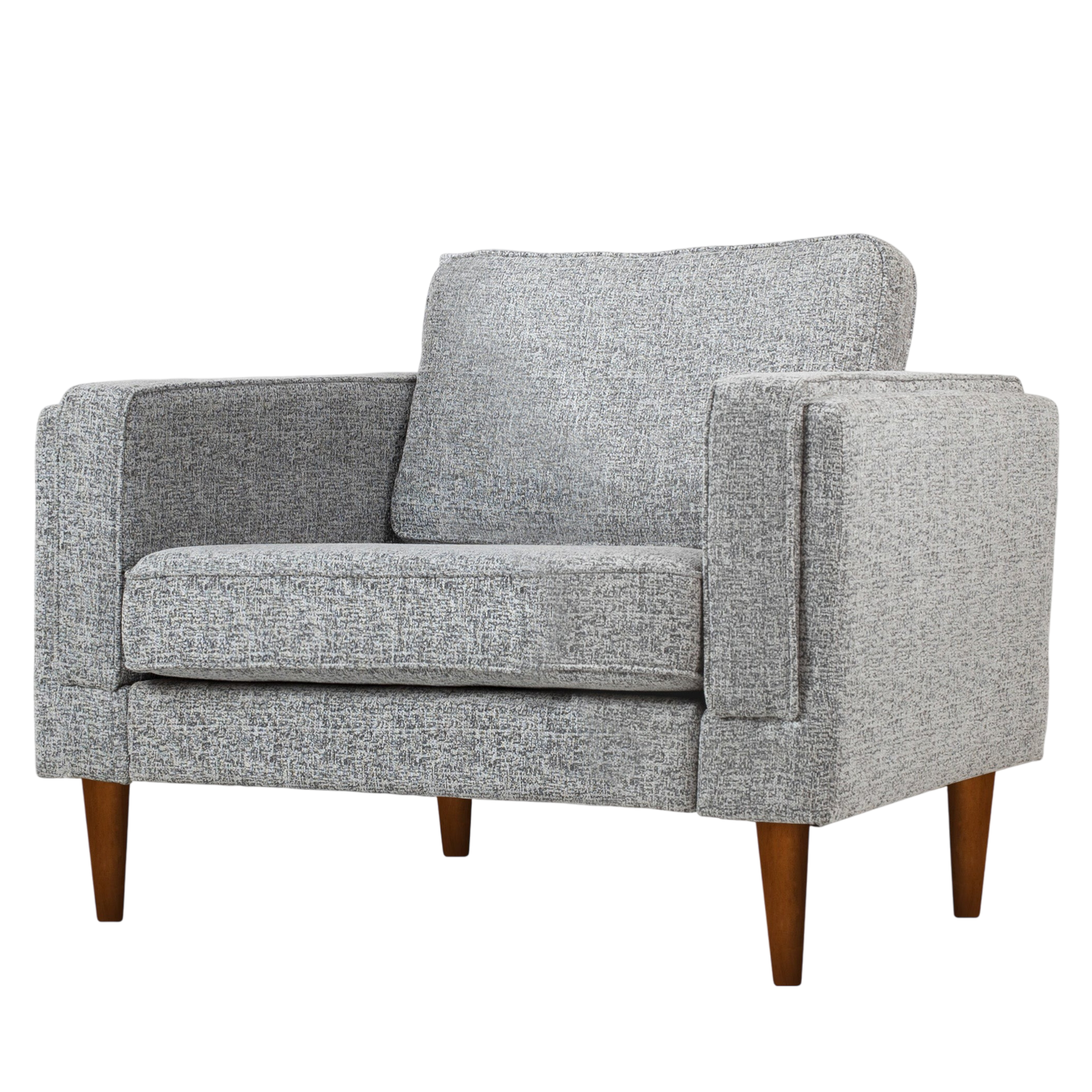 A modern gray fabric armchair with a square design and tapered wooden legs.