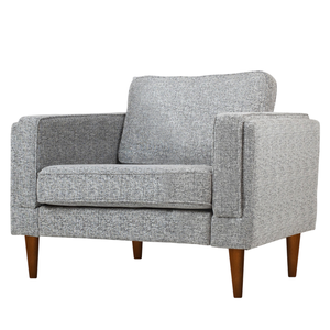 A modern gray fabric armchair with a square design and tapered wooden legs.