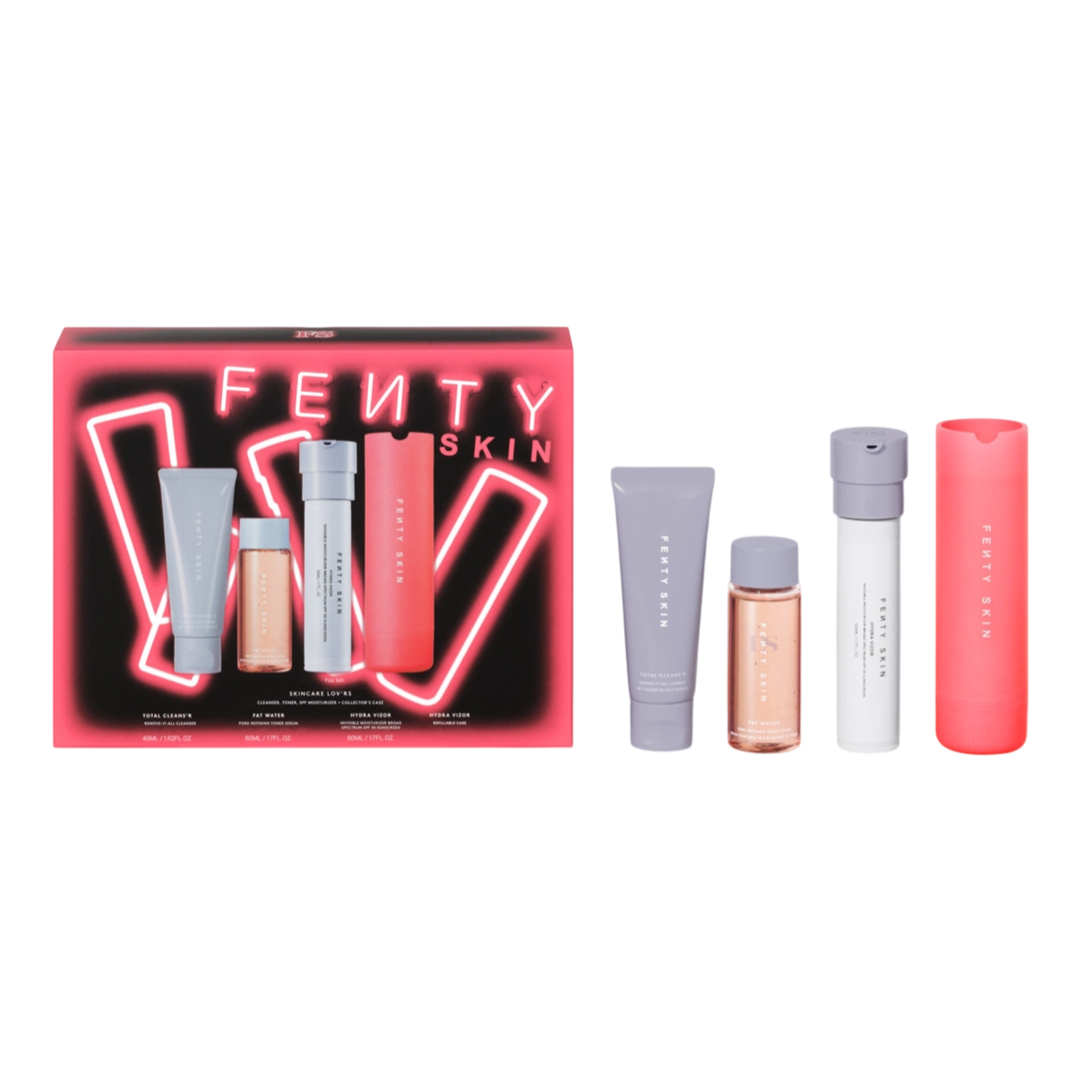Fenty Skin Skincare Set featuring a cleanser, fat water toner, pre-show glow serum, and hydra vizor moisturizer with SPF, packaged in a neon-themed box.