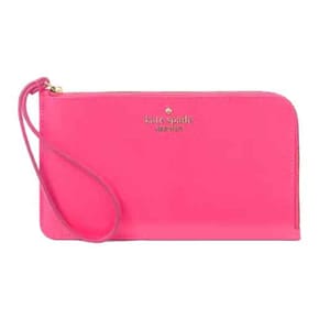Bright pink Kate Spade Lucy Medium L-Zip Wristlet with gold zip closure, matching wrist strap, and logo on the front.