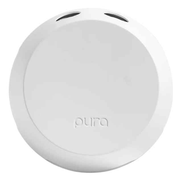 A white Pura smart home fragrance diffuser with a round design and two openings on top for scent cartridges.
