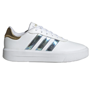 White low-top sneaker with gold heel accent and metallic silver stripes.