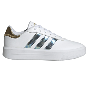 White low-top sneaker with gold heel accent and metallic silver stripes.