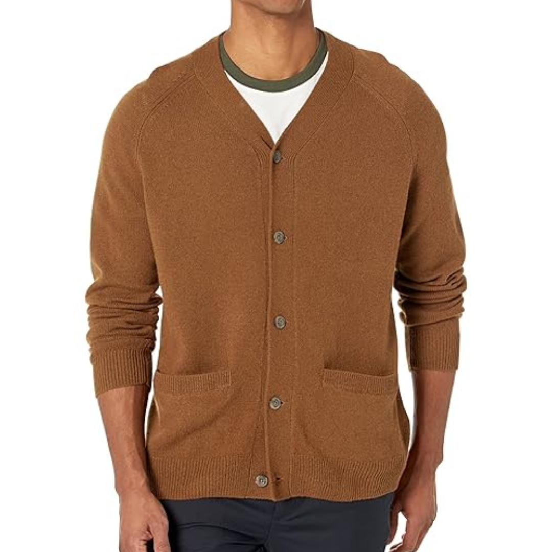 Brown button-up cardigan with front pockets and long sleeves, worn over a white and green trimmed T-shirt.