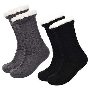 2-pack of cozy slipper socks in black and gray, featuring a cable knit design and white fluffy lining at the top, providing warmth and comfort.