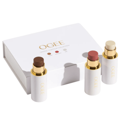 OGEE Crystal Contour Collection includes three makeup sticks in colors copper, rose quartz, and opal, each in elegant white and gold packaging.