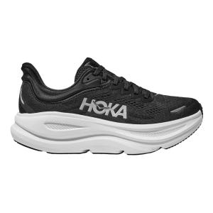 Black HOKA running shoe with a thick white sole, featuring a mesh upper and lace-up design.