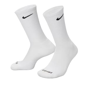 White athletic crew socks with a black Nike logo and \“DRI-FIT\“ text on the toe area.
