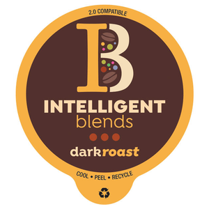 A label for Intelligent Blends dark roast coffee pod, compatible with 2.0 brewing systems, with instructions to cool, peel, and recycle.