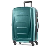 Teal hard-shell suitcase with a telescopic handle and four spinner wheels for easy mobility.