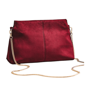 A crimson handbag with a gold chain strap.