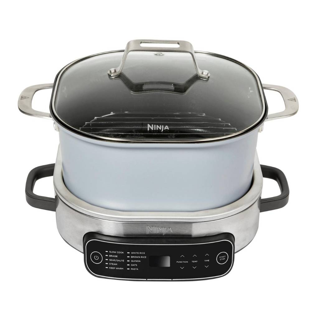 Ninja multi-cooker with control panel visible, featuring options for slow cook, steam, and various grains.