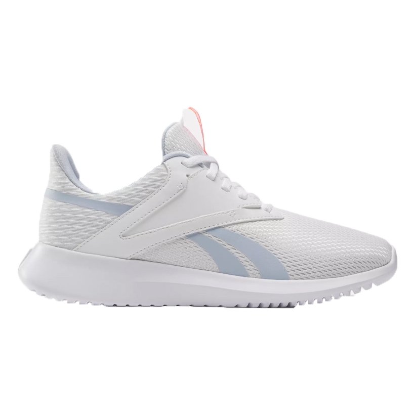 A white sneaker with light blue accents and a pink loop on the heel.