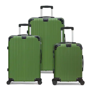 A 3-piece green hardside luggage set featuring textured exteriors, telescopic handles, four spinner wheels, and reinforced corners. The set includes three different sizes for versatile packing options.