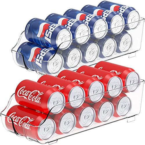 Two clear plastic can dispensers, each holding rows of beverage cans stacked horizontally with a curved dispensing area at the front.