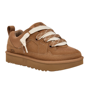 Brown UGG sneaker with a suede finish, features cream and brown patterned laces, and a thick, textured rubber sole.