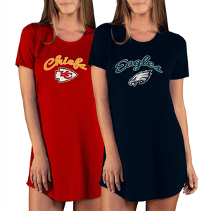 Two women wear nightshirts featuring NFL team logos: one red with the Kansas City Chiefs logo and one black with the Philadelphia Eagles logo.