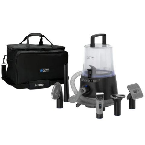 Pet grooming vacuum system with various attachments, including a hose, trimmer, brushes, and a carry case.