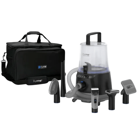 Pet grooming vacuum system with various attachments, including a hose, trimmer, brushes, and a carry case.