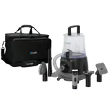 Pet grooming vacuum system with various attachments, including a hose, trimmer, brushes, and a carry case.