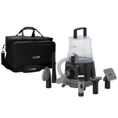 Pet grooming vacuum system with various attachments, including a hose, trimmer, brushes, and a carry case.